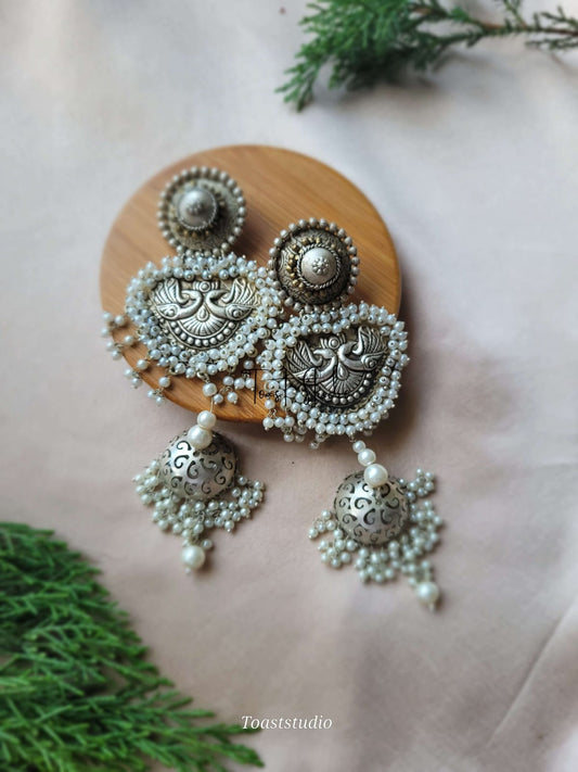 Pearls With Silver Oxidized Jhumka