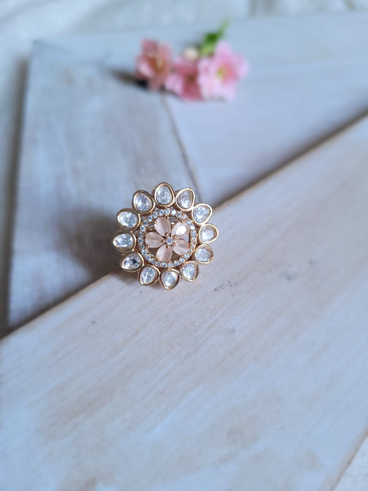 Kundan Flower Ring -Adjustable