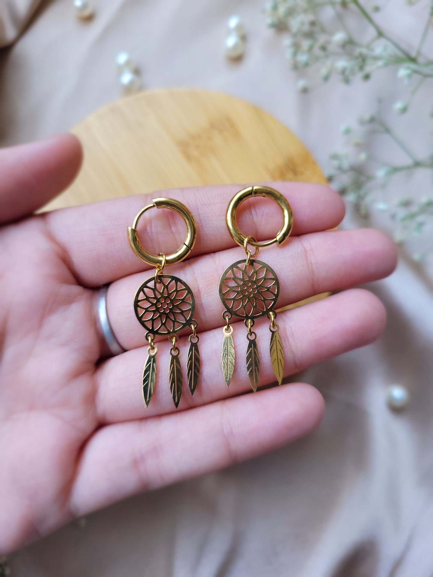 Golden Feather Hoops Earrings