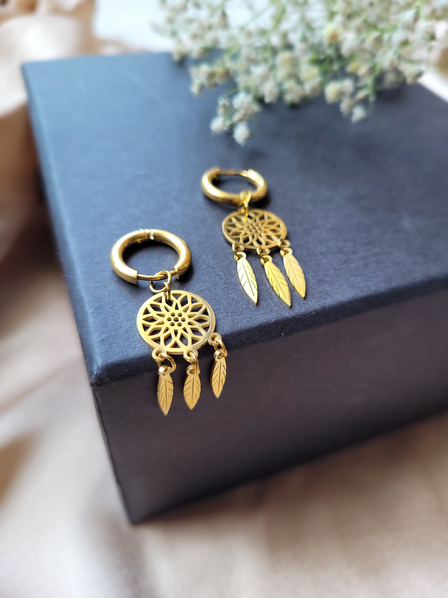 Golden Feather Hoops Earrings