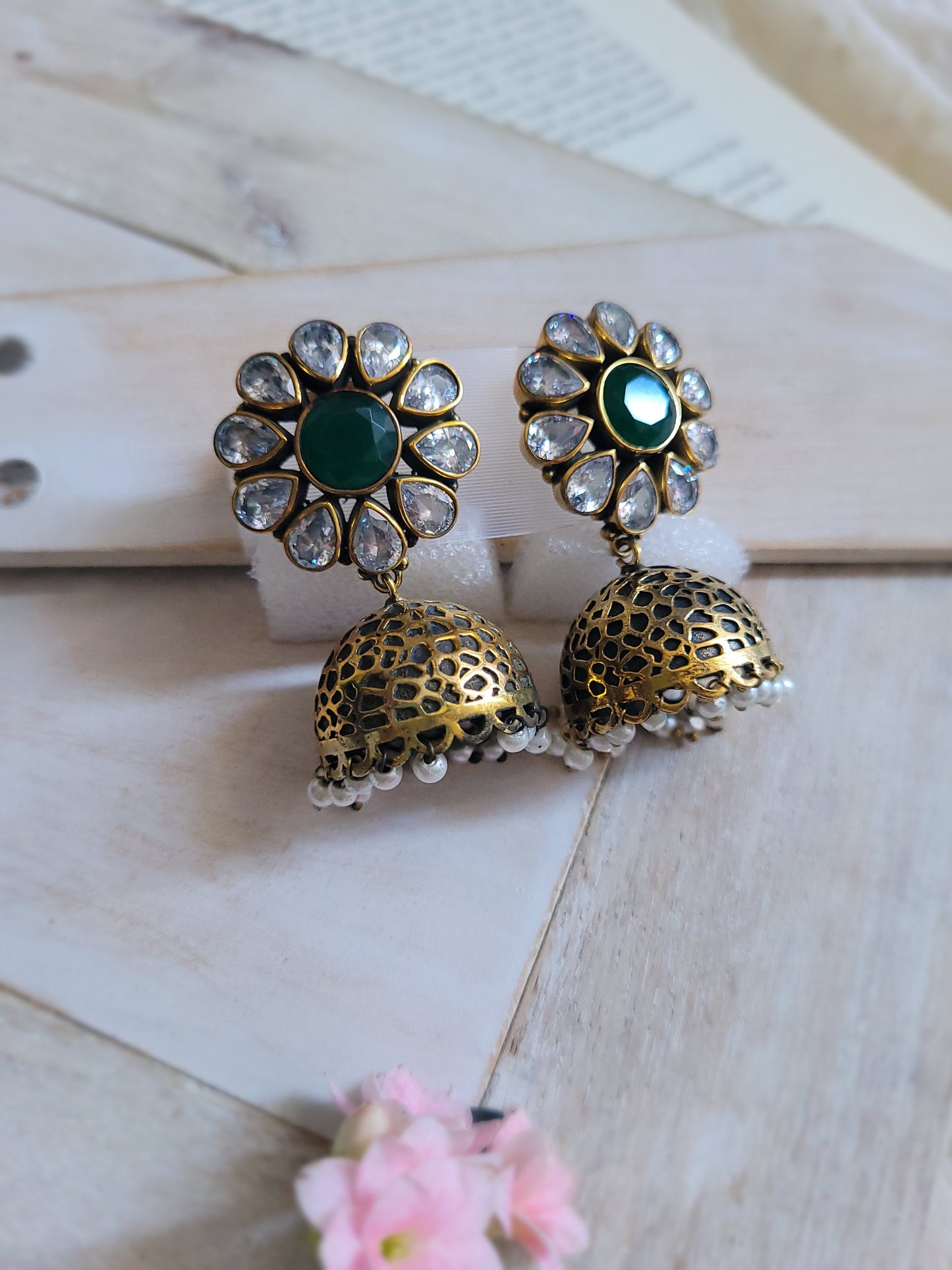 Antique emerald Jhumka - White