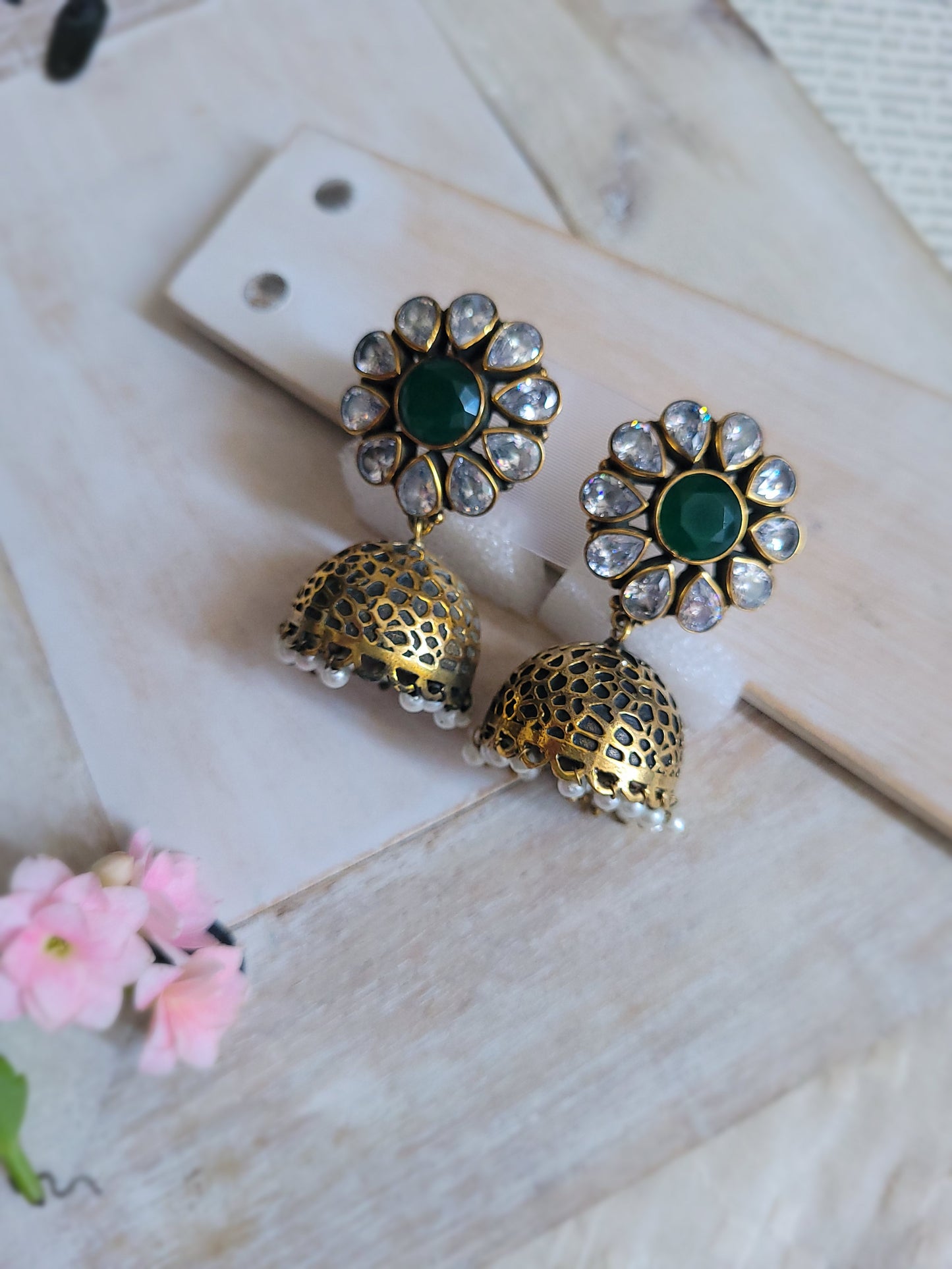 Antique emerald Jhumka - White