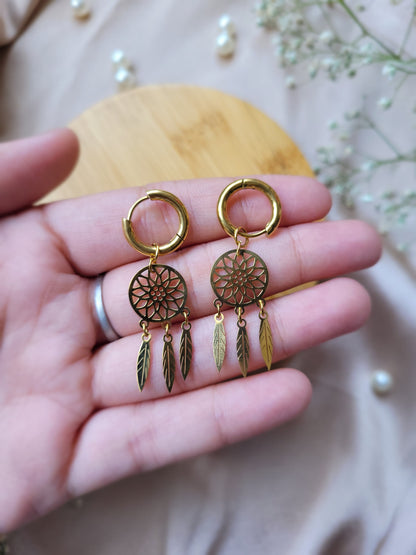 Golden Feather Hoops Earrings