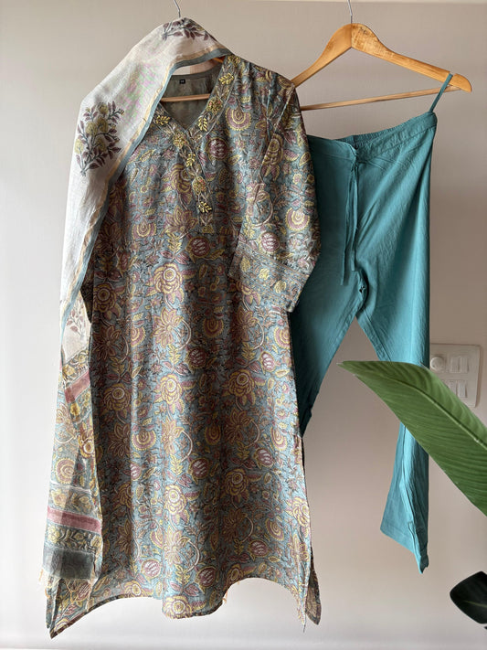 Floral Teal Chanderi Suitset (Ready To Ship)